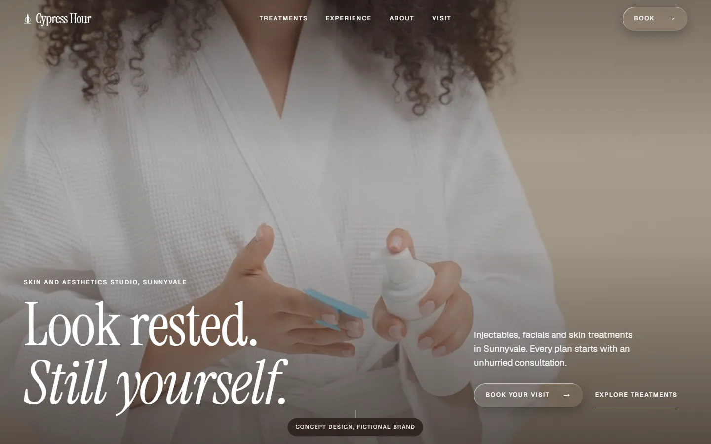 Cypress Hour concept homepage on a desktop screen: a woman in a white robe holding a skincare pump bottle, the headline "Look rested. Still yourself.", a Book your visit button, and a label reading Concept design, fictional brand.