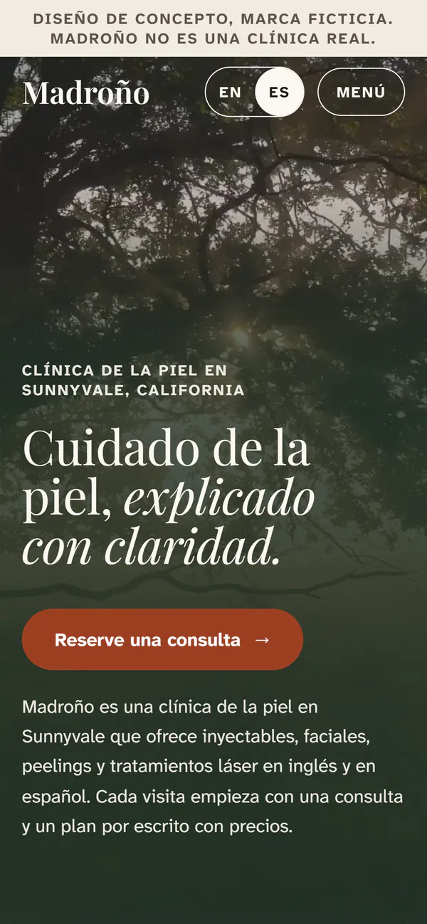 The Spanish version of the Madroño concept on a phone: the banner Diseño de concepto, marca ficticia, the headline "Cuidado de la piel, explicado con claridad." and a Reserve una consulta button.